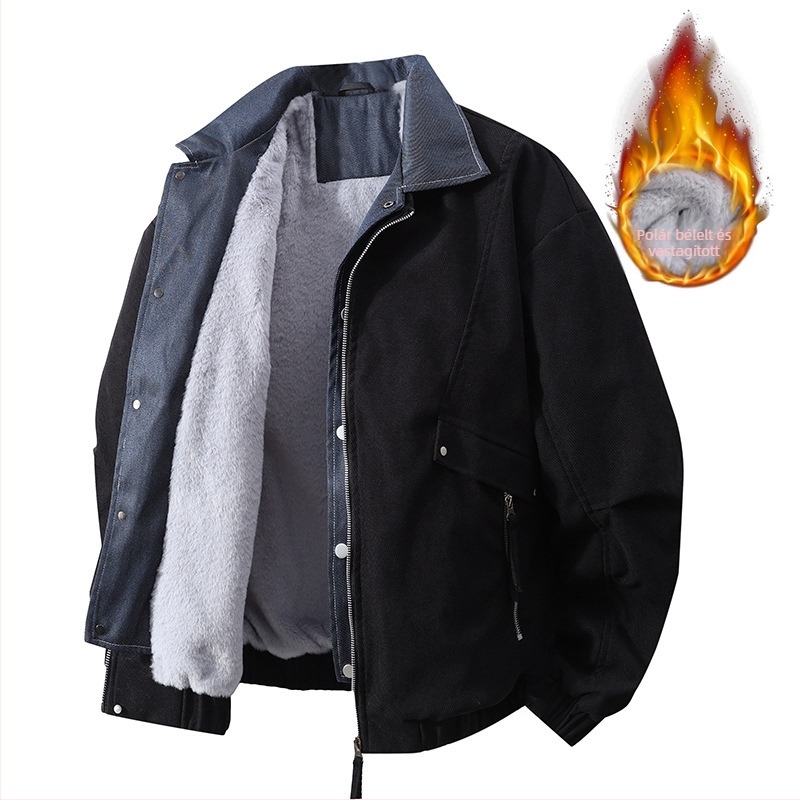 Férfi dzseki japán workwear stílusban, galléros, cipzár, pöttyös mintázat, jacquard szövés