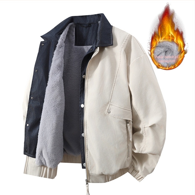 Férfi dzseki japán workwear stílusban, galléros, cipzár, pöttyös mintázat, jacquard szövés