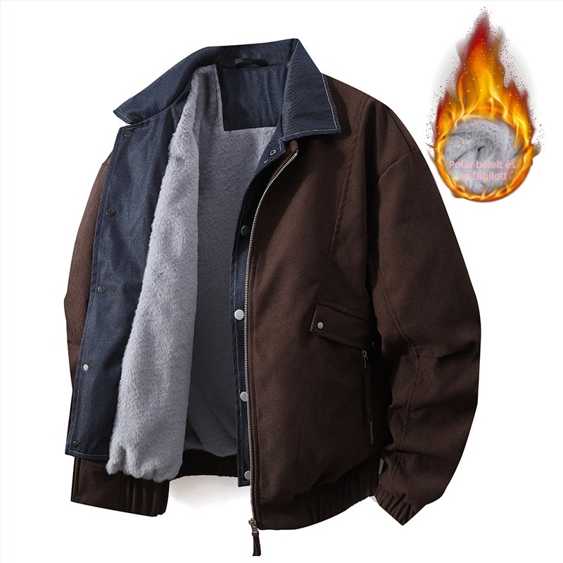 Férfi dzseki japán workwear stílusban, galléros, cipzár, pöttyös mintázat, jacquard szövés