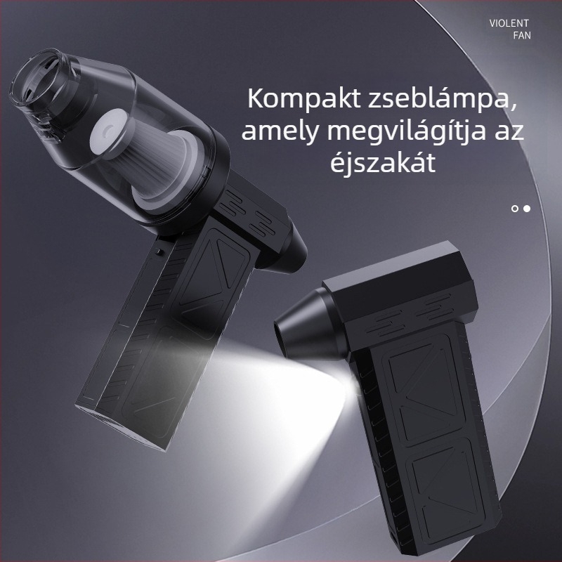 Kézi turbinal ventillátor kempingezéshez — vezeték nélküli, 7.4V, 50W, szívás 11000Pa; világítás és por tisztítás
