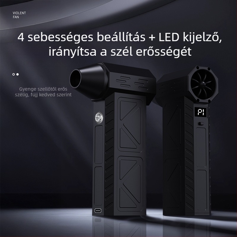 Kézi turbinal ventillátor kempingezéshez — vezeték nélküli, 7.4V, 50W, szívás 11000Pa; világítás és por tisztítás