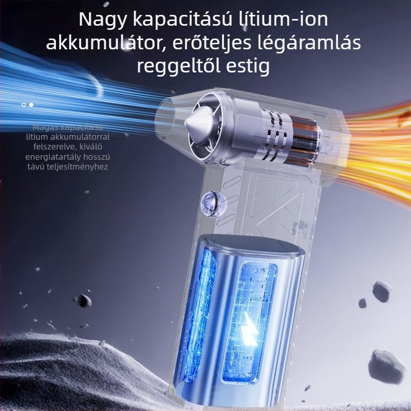 Kézi turbinal ventillátor kempingezéshez — vezeték nélküli, 7.4V, 50W, szívás 11000Pa; világítás és por tisztítás