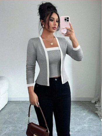 Női patchwork két darabos készlet: felső és nadrág, len-pamut keverék, 3/4-ujjú felső, 3/4 hosszúságú nadrág, nyári 2024