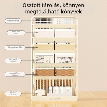 Padlóra álló 5-szintes könyvespolc és az asztal melletti könyvtároló a tanterembe, plastmasból, modern minimalista stílus, összecsukható