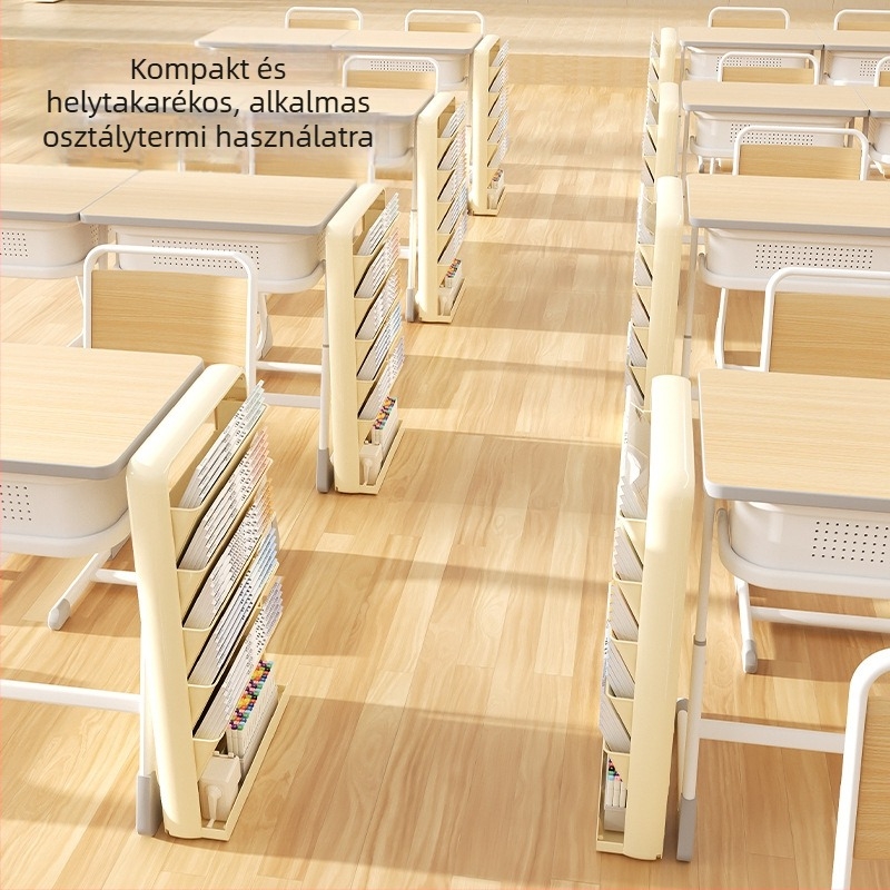 Padlóra álló 5-szintes könyvespolc és az asztal melletti könyvtároló a tanterembe, plastmasból, modern minimalista stílus, összecsukható