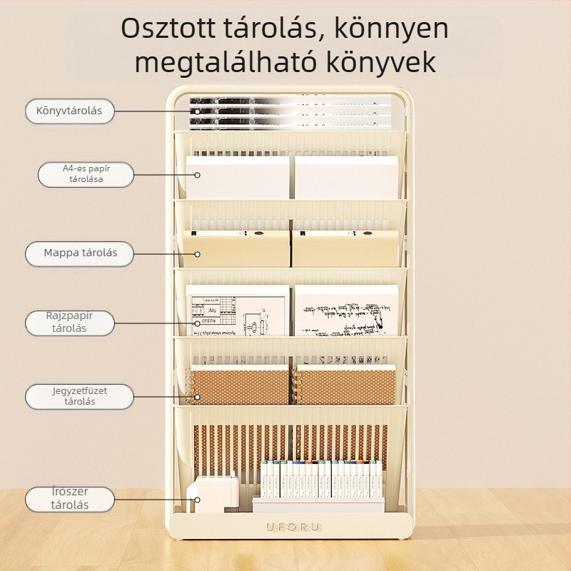 Padlóra álló 5-szintes könyvespolc és az asztal melletti könyvtároló a tanterembe, plastmasból, modern minimalista stílus, összecsukható