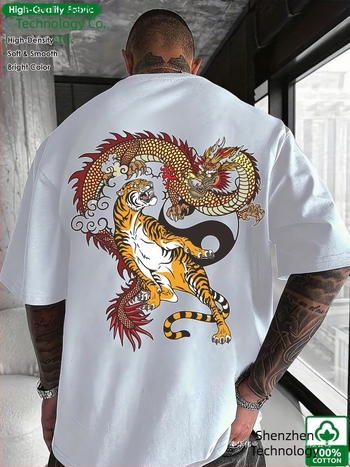 Pamut póló japán retro stílusban, nyomtatott mintával, laza szabás, rövid ujjú