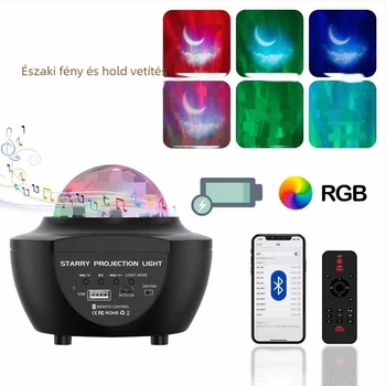 USB-töltésű Bluetooth csillagos ég projektorlámpa hálószobára, távirányítóval és hanggal, holdprojekció és víz-hullám effektusok
