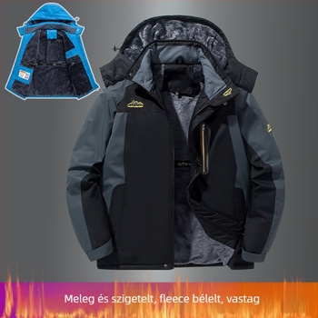 Férfi pamut dzseki kapucnival, fleece béléssel, levehető gallérral, oldalzsebekkel, testhezálló fazon