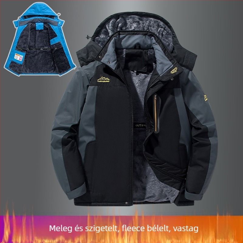 Férfi pamut dzseki kapucnival, fleece béléssel, levehető gallérral, oldalzsebekkel, testhezálló fazon