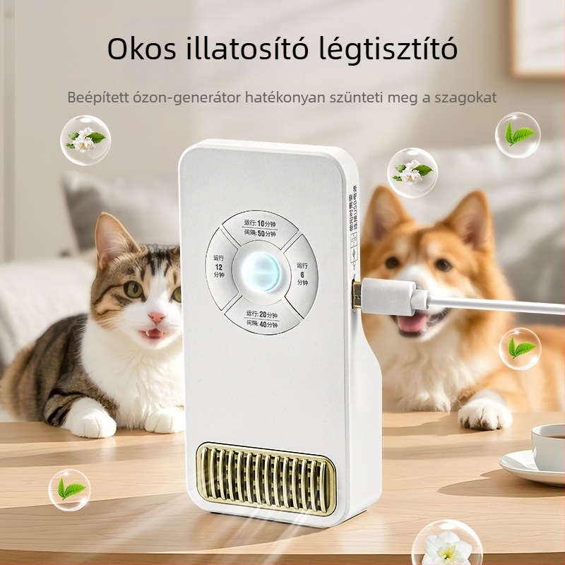 Ozon alapú beltéri légtisztító háztartási használatra – dezodorizálás és fertőtlenítés, USB tápegység, falra szerelhető, 21–30 m²-es területre, zaj < 36 dB