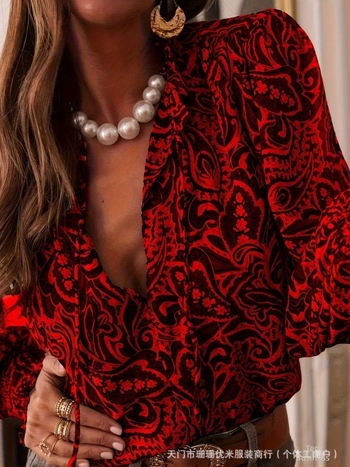 Hosszú ujjú buborékos ujjas ing V-nyakú kivágással, poliészter, pullover-stílus, W0027, középső hosszúság 65–80 cm