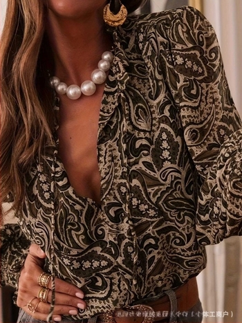 Hosszú ujjú buborékos ujjas ing V-nyakú kivágással, poliészter, pullover-stílus, W0027, középső hosszúság 65–80 cm