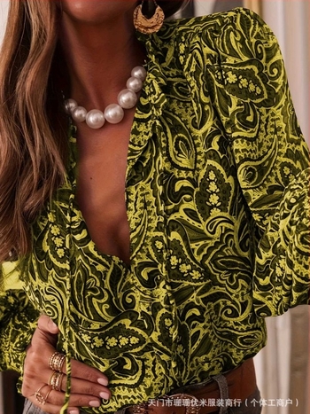 Hosszú ujjú buborékos ujjas ing V-nyakú kivágással, poliészter, pullover-stílus, W0027, középső hosszúság 65–80 cm