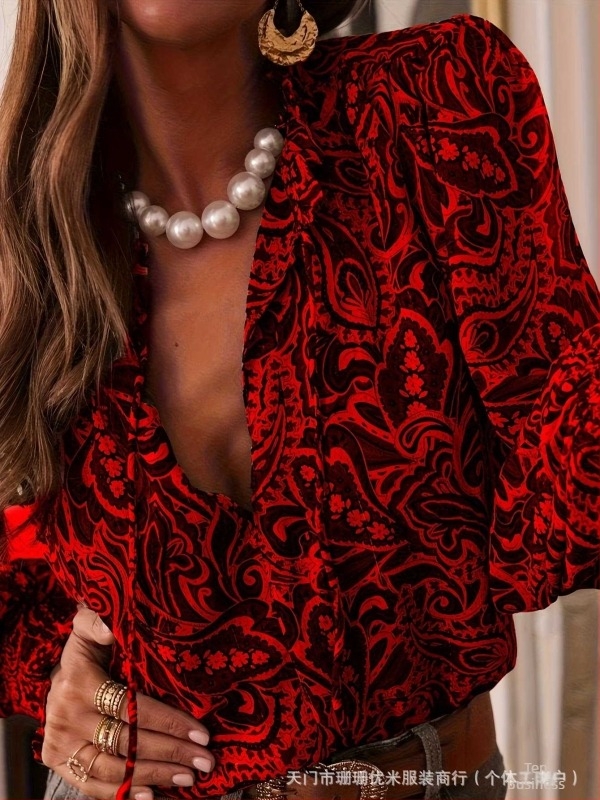 Hosszú ujjú buborékos ujjas ing V-nyakú kivágással, poliészter, pullover-stílus, W0027, középső hosszúság 65–80 cm