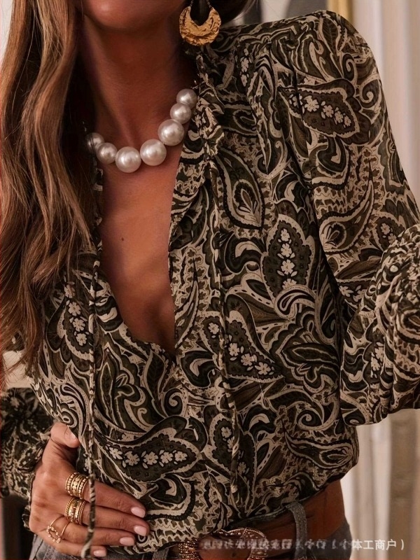 Hosszú ujjú buborékos ujjas ing V-nyakú kivágással, poliészter, pullover-stílus, W0027, középső hosszúság 65–80 cm