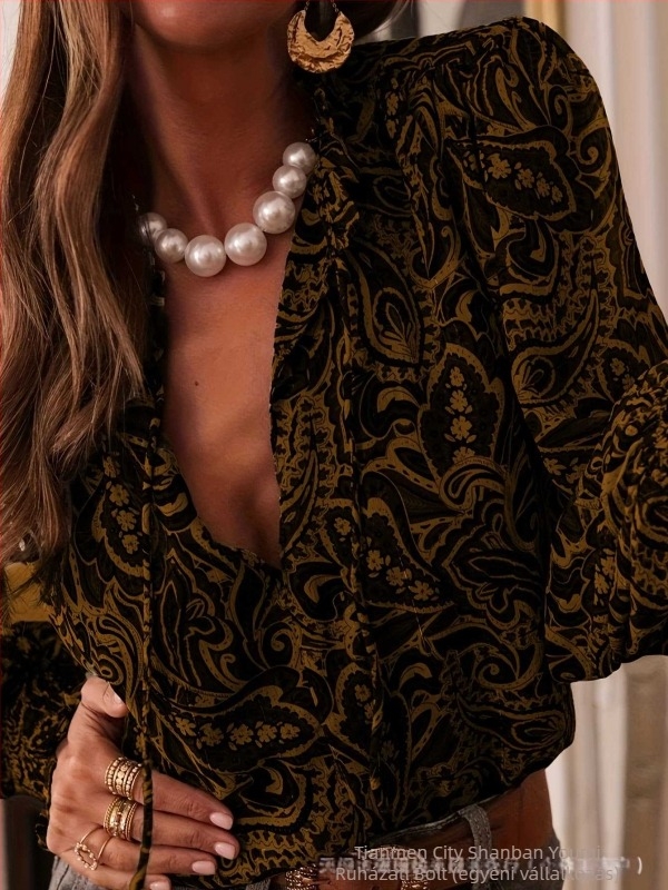 Hosszú ujjú buborékos ujjas ing V-nyakú kivágással, poliészter, pullover-stílus, W0027, középső hosszúság 65–80 cm