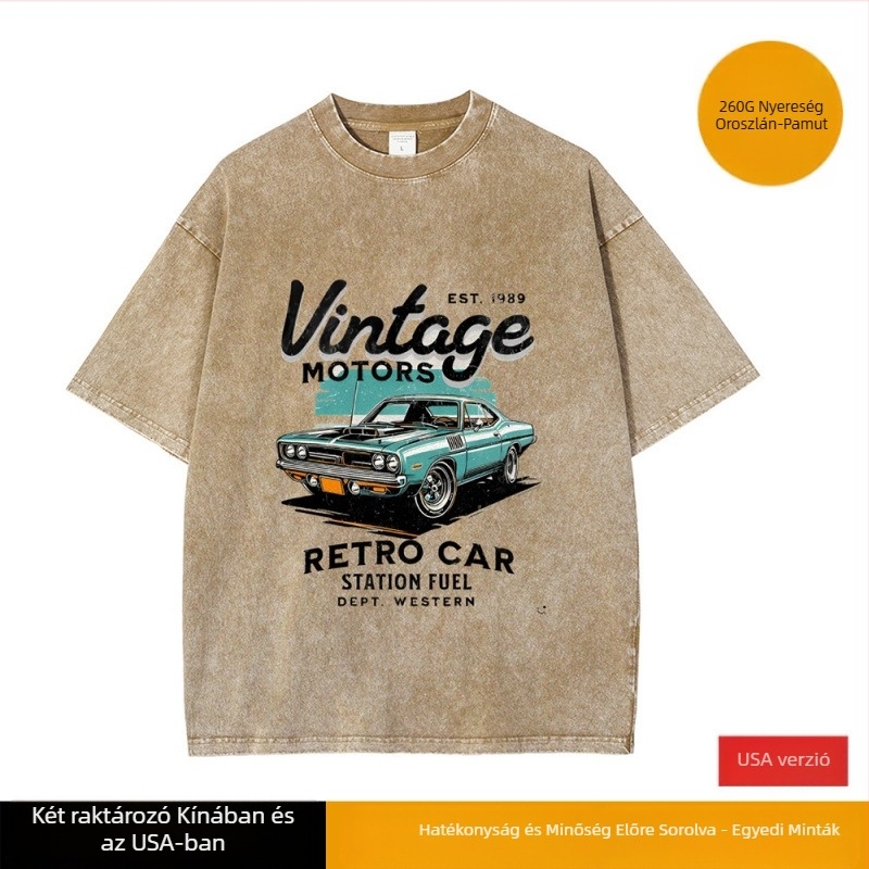 Vintage Motors nyomtatású pamut póló, digitális nyomtatás, kerek nyakú, rövid ujjú