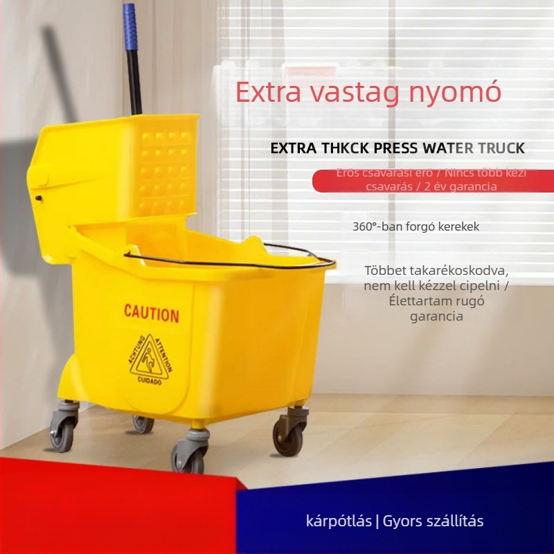 Csavaró mop vödör mechanizmussal; pamut mop anyag; műanyag mop nyél; 80–90% szárítás; teherbírás kevesebb mint 10 kg