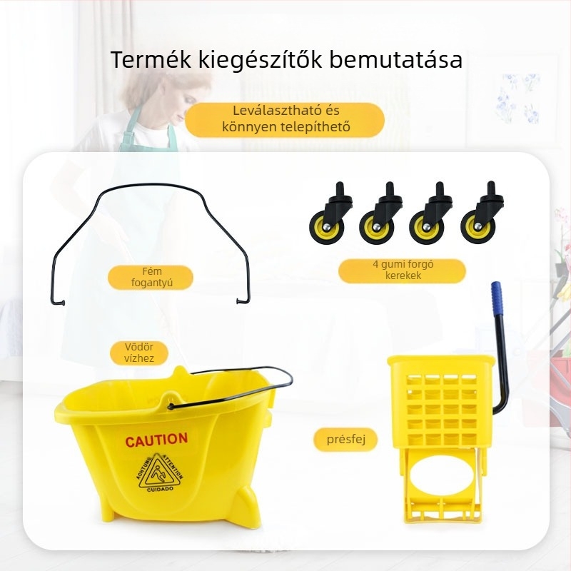 Csavaró mop vödör mechanizmussal; pamut mop anyag; műanyag mop nyél; 80–90% szárítás; teherbírás kevesebb mint 10 kg