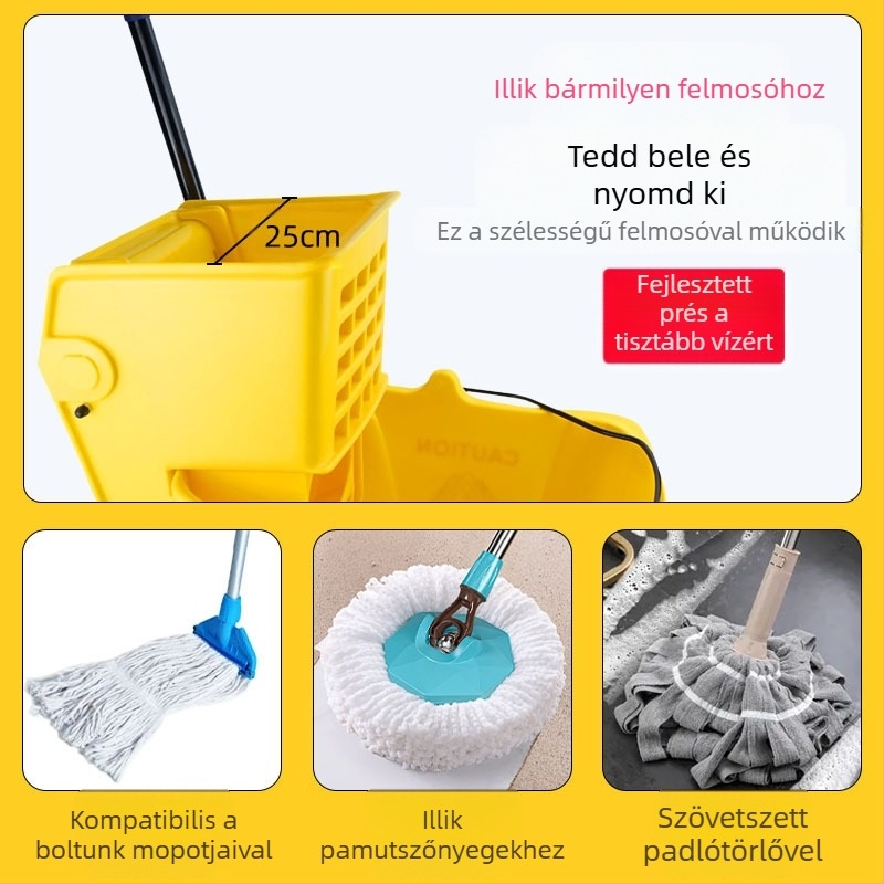 Csavaró mop vödör mechanizmussal; pamut mop anyag; műanyag mop nyél; 80–90% szárítás; teherbírás kevesebb mint 10 kg