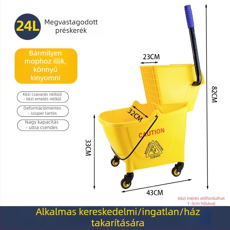Csavaró mop vödör mechanizmussal; pamut mop anyag; műanyag mop nyél; 80–90% szárítás; teherbírás kevesebb mint 10 kg