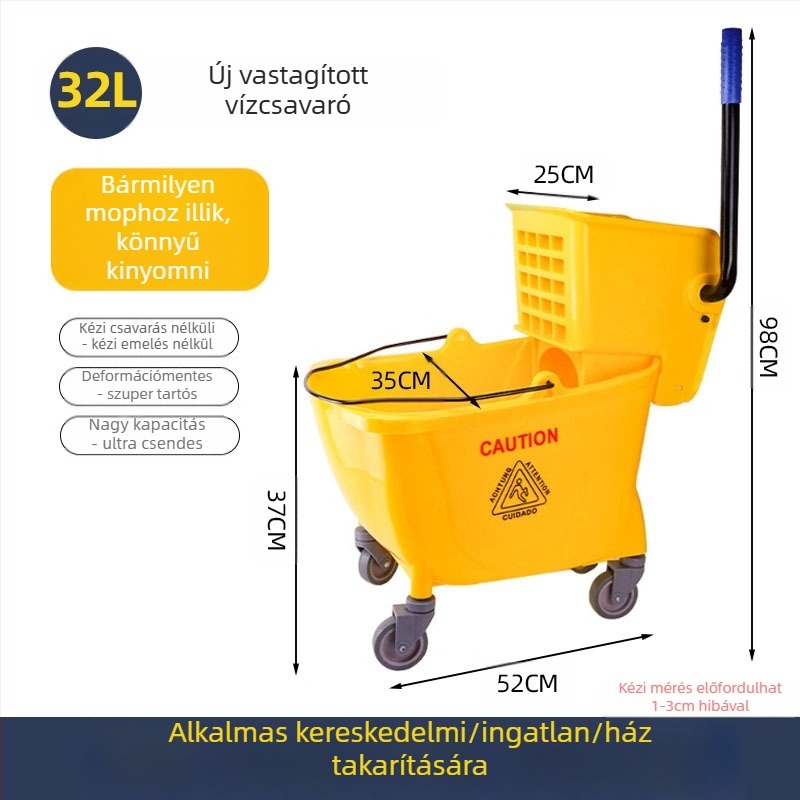 Csavaró mop vödör mechanizmussal; pamut mop anyag; műanyag mop nyél; 80–90% szárítás; teherbírás kevesebb mint 10 kg