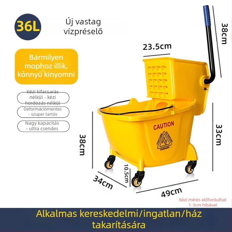 Csavaró mop vödör mechanizmussal; pamut mop anyag; műanyag mop nyél; 80–90% szárítás; teherbírás kevesebb mint 10 kg