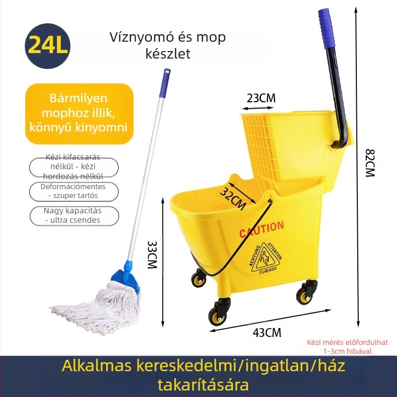 Csavaró mop vödör mechanizmussal; pamut mop anyag; műanyag mop nyél; 80–90% szárítás; teherbírás kevesebb mint 10 kg