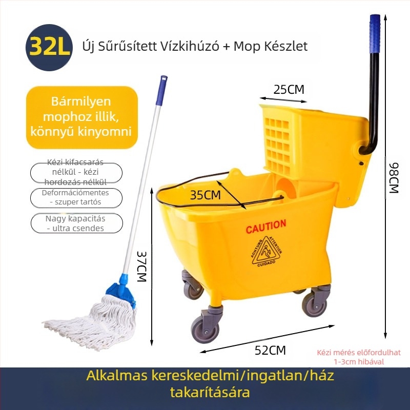 Csavaró mop vödör mechanizmussal; pamut mop anyag; műanyag mop nyél; 80–90% szárítás; teherbírás kevesebb mint 10 kg