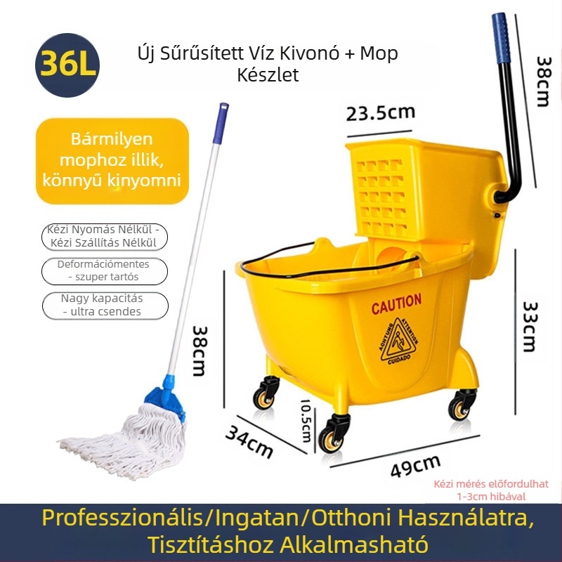 Csavaró mop vödör mechanizmussal; pamut mop anyag; műanyag mop nyél; 80–90% szárítás; teherbírás kevesebb mint 10 kg