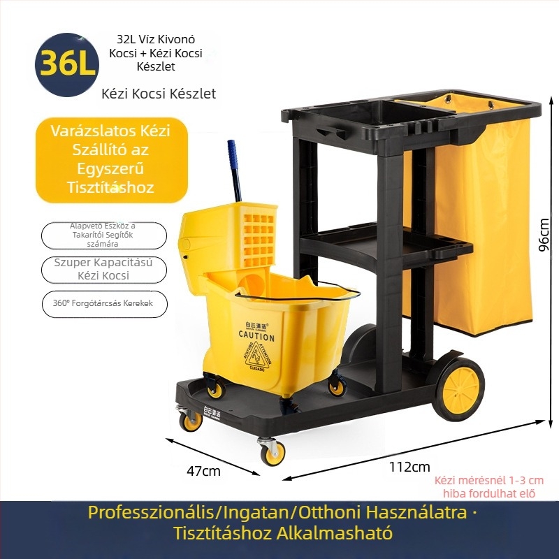 Csavaró mop vödör mechanizmussal; pamut mop anyag; műanyag mop nyél; 80–90% szárítás; teherbírás kevesebb mint 10 kg