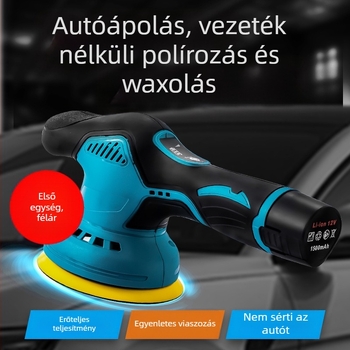 Hordozható autó részletező polírozó és waxer 12V Li-ion akkumulátorral, függőleges működés, 2800–5000 rpm, tartalmaz lapos és hullámos polírozó párnát, gyapjú korongot és csiszolópapírt