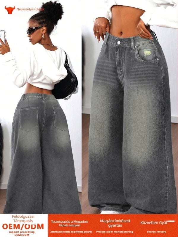 Denim nadrág, egyenes szárú, hosszú, mosott felület, 70-80% pamut