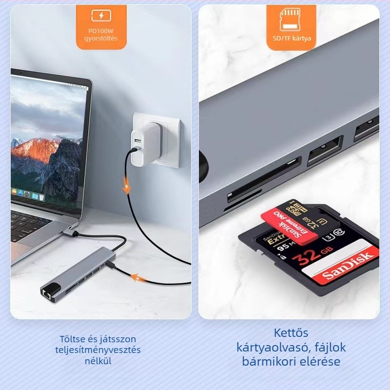 Type-C 8-in-1 dokkoló HDMI-kimenettel, USB 3.0 hubbal és SD/TF kártyaolvasóval