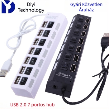 USB 2.0 hub hét porttal PC-hez és notebookhoz, USB bővítő adapter adatátvitelhez és töltéshez