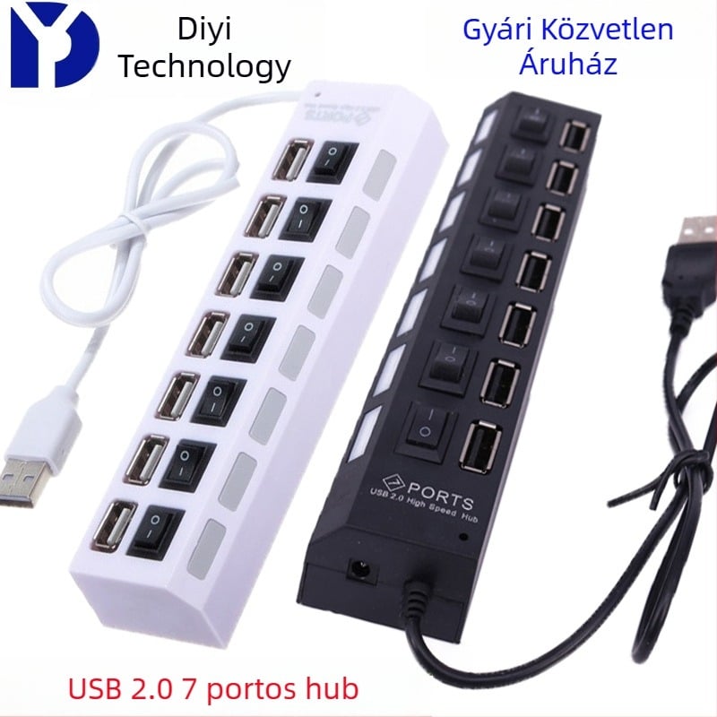 USB 2.0 hub hét porttal PC-hez és notebookhoz, USB bővítő adapter adatátvitelhez és töltéshez