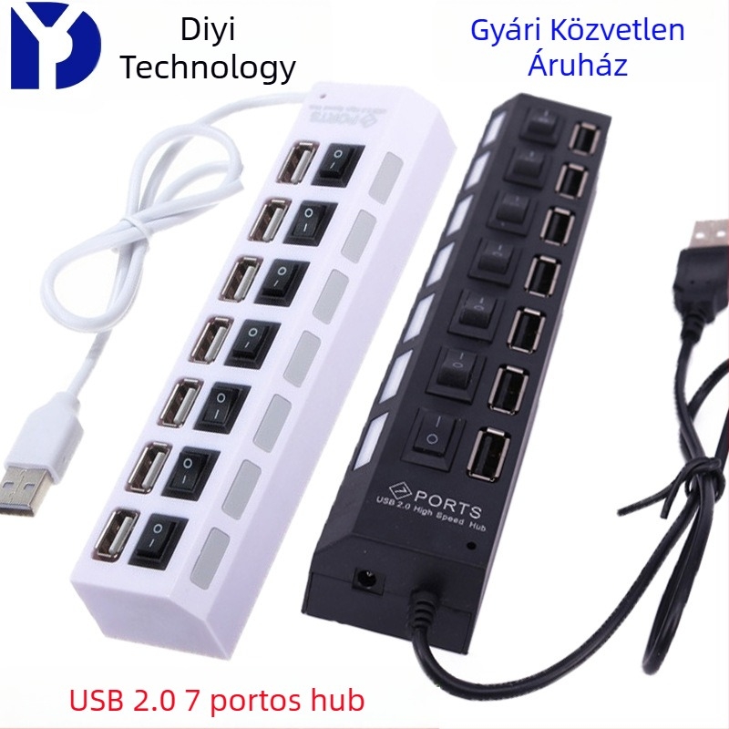 USB 2.0 hub hét porttal PC-hez és notebookhoz, USB bővítő adapter adatátvitelhez és töltéshez