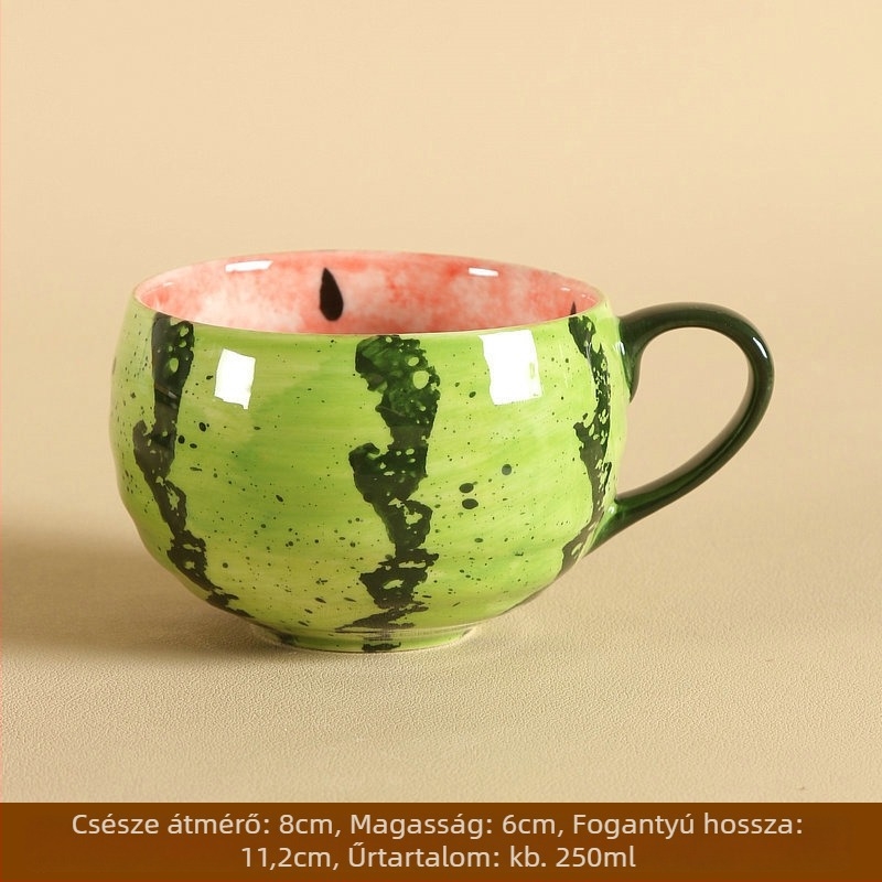 Kézzel festett porcelán kávéscsésze fogantyúval, aranyos dinnyés mintával, máz alatti színnel, otthoni használatra.