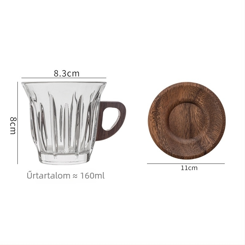 Japán stílusú üvegpohár-készlet espresso- és latte poharakkal, diófa elemekkel