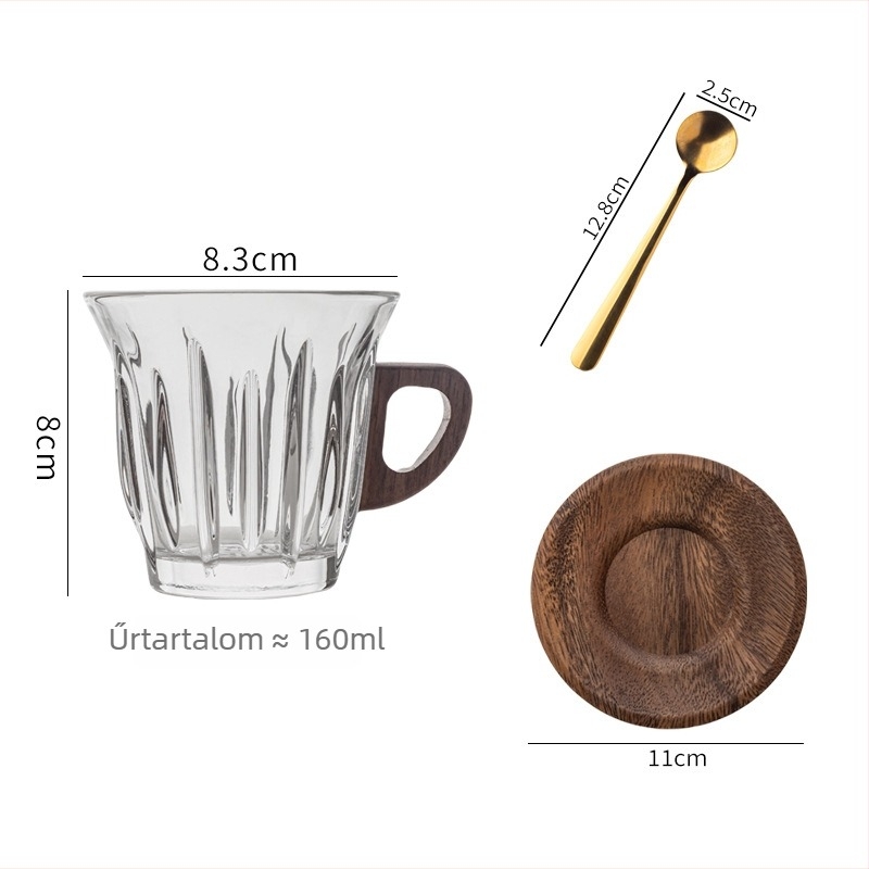 Japán stílusú üvegpohár-készlet espresso- és latte poharakkal, diófa elemekkel