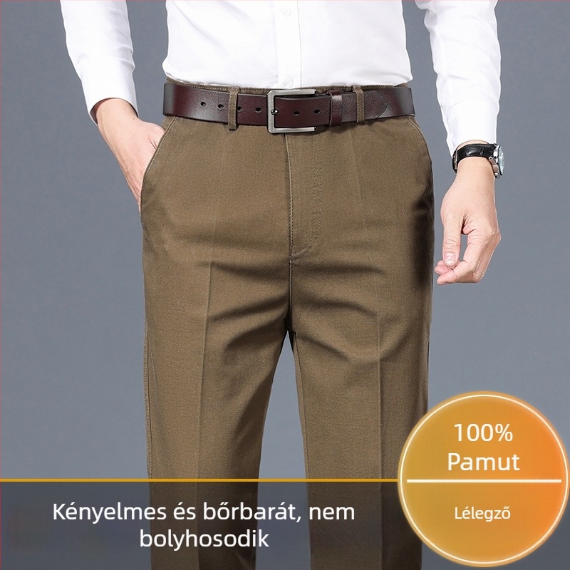 Téli pamut nadrág fleece-béléssel, egyenes szabás, kényelmes viselet, hosszú, középkorú férfiak számára