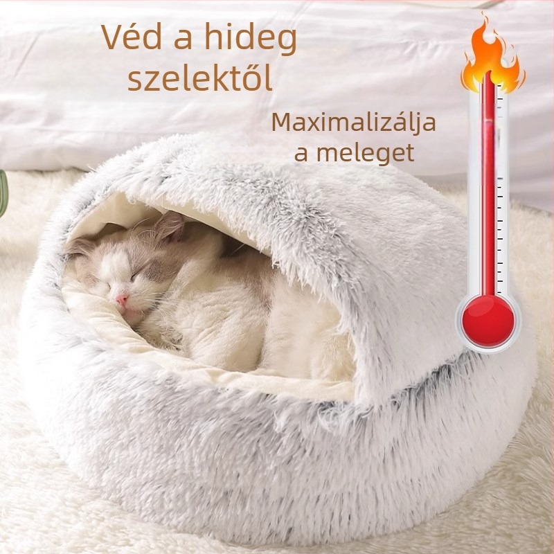 Zárható macskaház kagyló alakú belsővel – alvóhely kölyökmacskáknak egész éves használatra