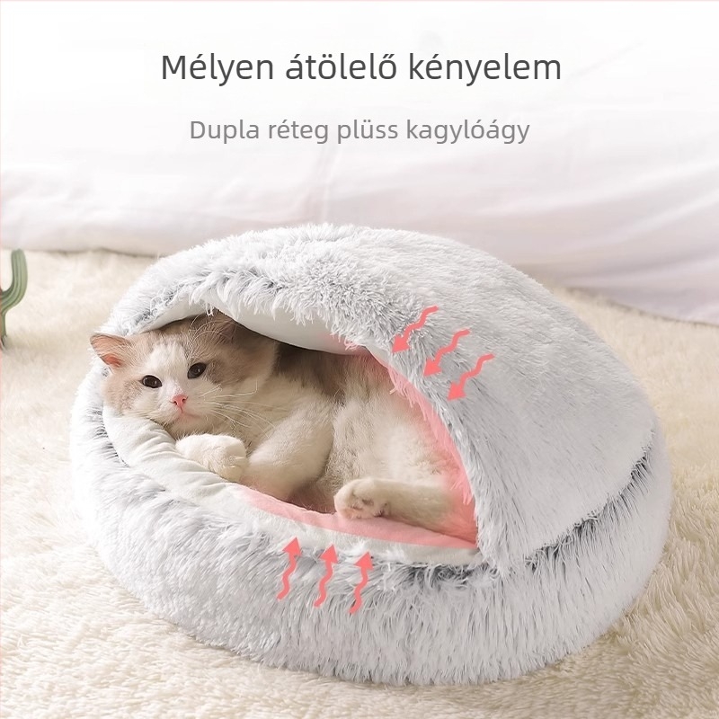 Zárható macskaház kagyló alakú belsővel – alvóhely kölyökmacskáknak egész éves használatra