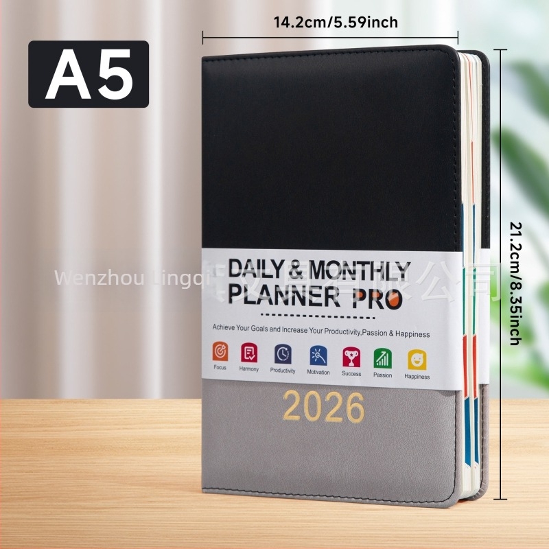 2026-os angol nyelvű ütemterv, A5-ös notesz rugalmas zárással, napi tervező, éves naptár