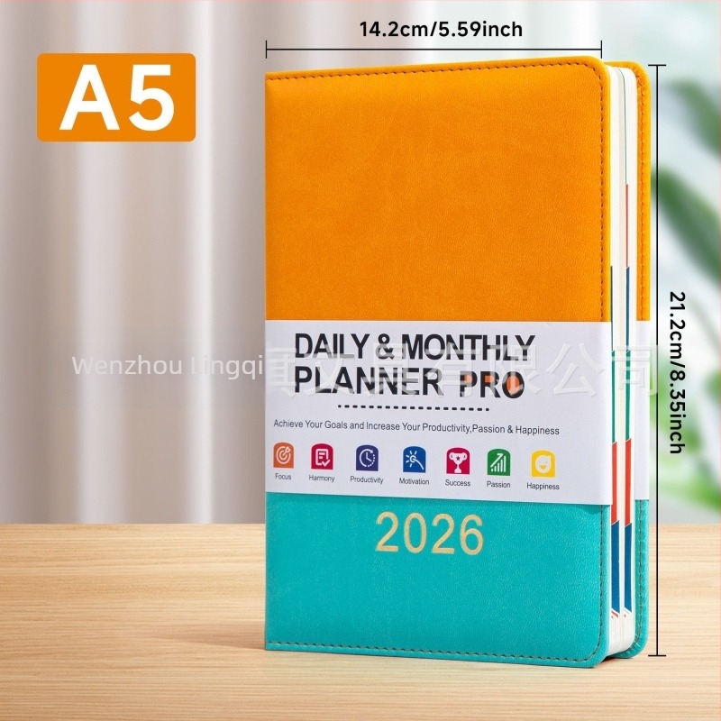 2026-os angol nyelvű ütemterv, A5-ös notesz rugalmas zárással, napi tervező, éves naptár