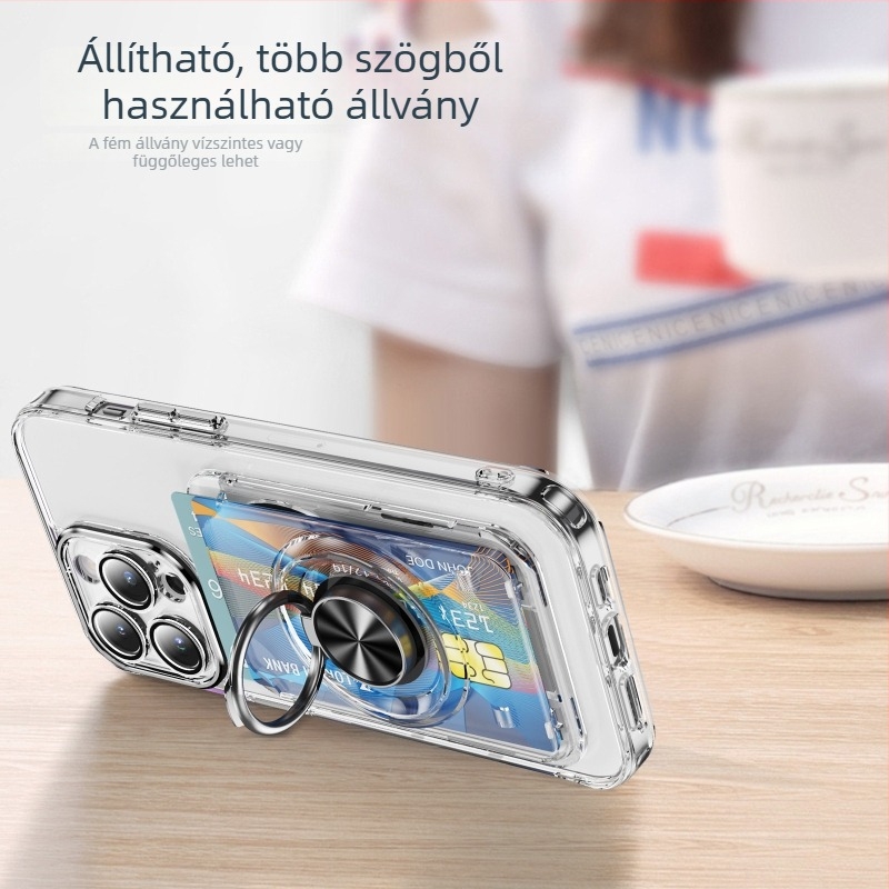 MagSafe-kompatibilis 360° állvány erős mágneses rögzítéssel, átlátszó PC tok kártyatartó résszel és logó testreszabással