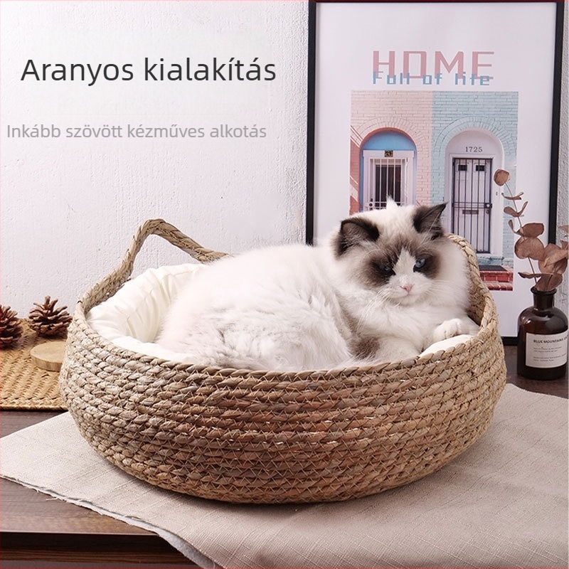 Rattan macskafészek fűszőnyeggel, egész éves használatra – macskapárna kaparódeszkával