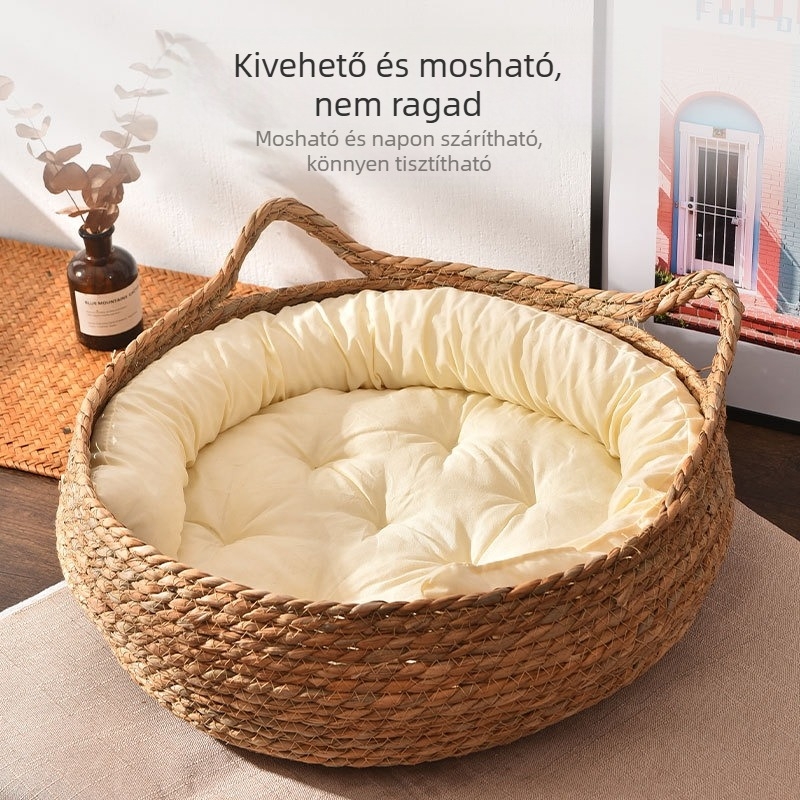 Rattan macskafészek fűszőnyeggel, egész éves használatra – macskapárna kaparódeszkával