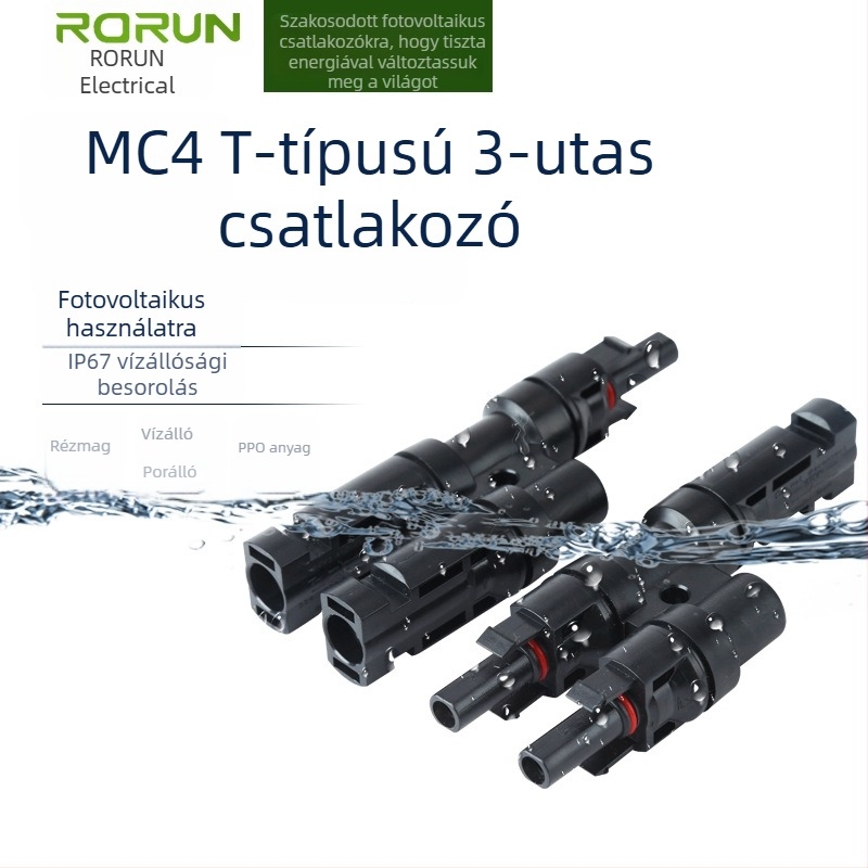 RMC4.0 napelemes PV csatlakozó, háromágú T-típusú, 2 az 1-ben, vízálló adapter